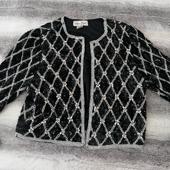 Laurence Kazar black and white sequin glitter crystal silk jacket blazer vintage - Picture 2 of 4